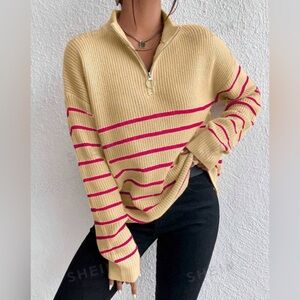 SHEIN Frenchy Striped Pattern Zipper Front Drop Shoulder Sweater